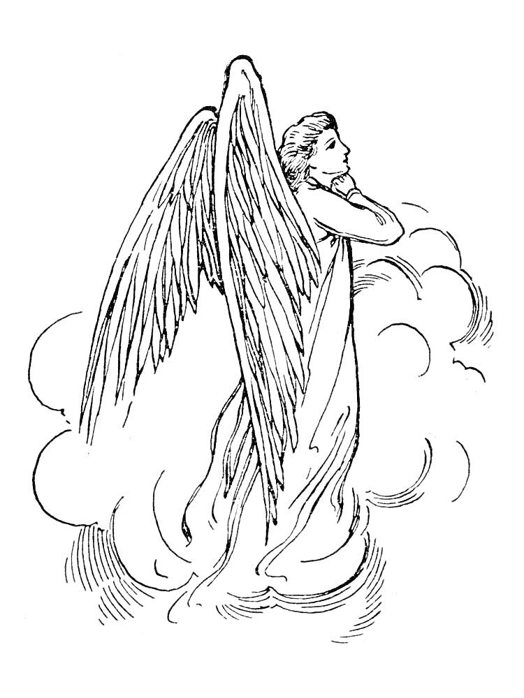 Раскраска Ангел на облаке, стоящий с задумчивым видом, держащий руку возле лица