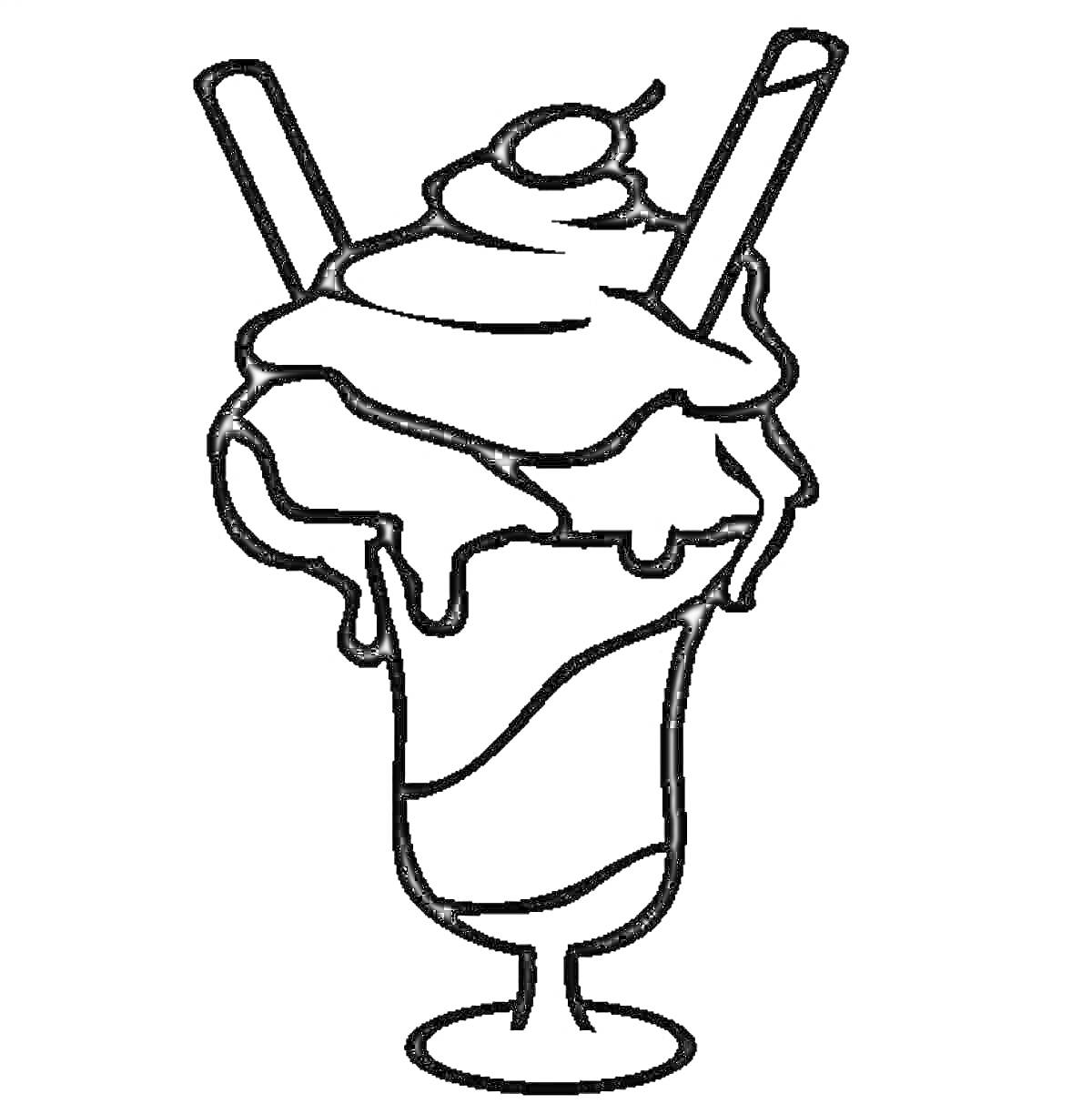 Раскраска Десерт из мороженого в бокале с двумя вафельными трубочками, взбитыми сливками и вишенкой