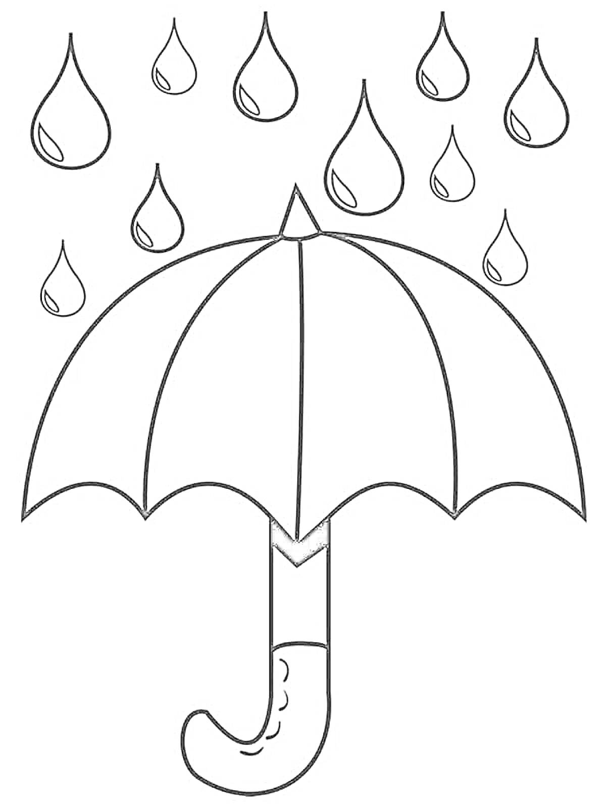 Раскраска Зонт под дождем с ручкой в форме трости и каплями воды