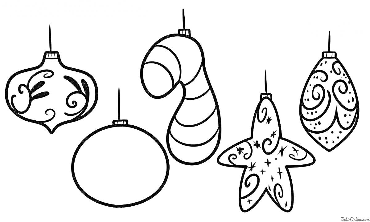 Раскраска новогодние елочные игрушки - фигурный шарик с завитками, круглый шарик, полосатая карамель, звезда с завитками, каплевидный шарик с завитками