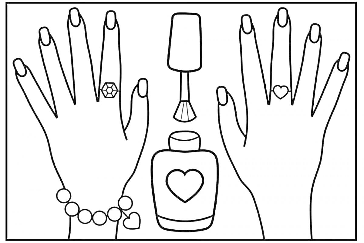 Две руки с браслетом и кольцами, бутылочка лака для ногтей и кисточка для лака