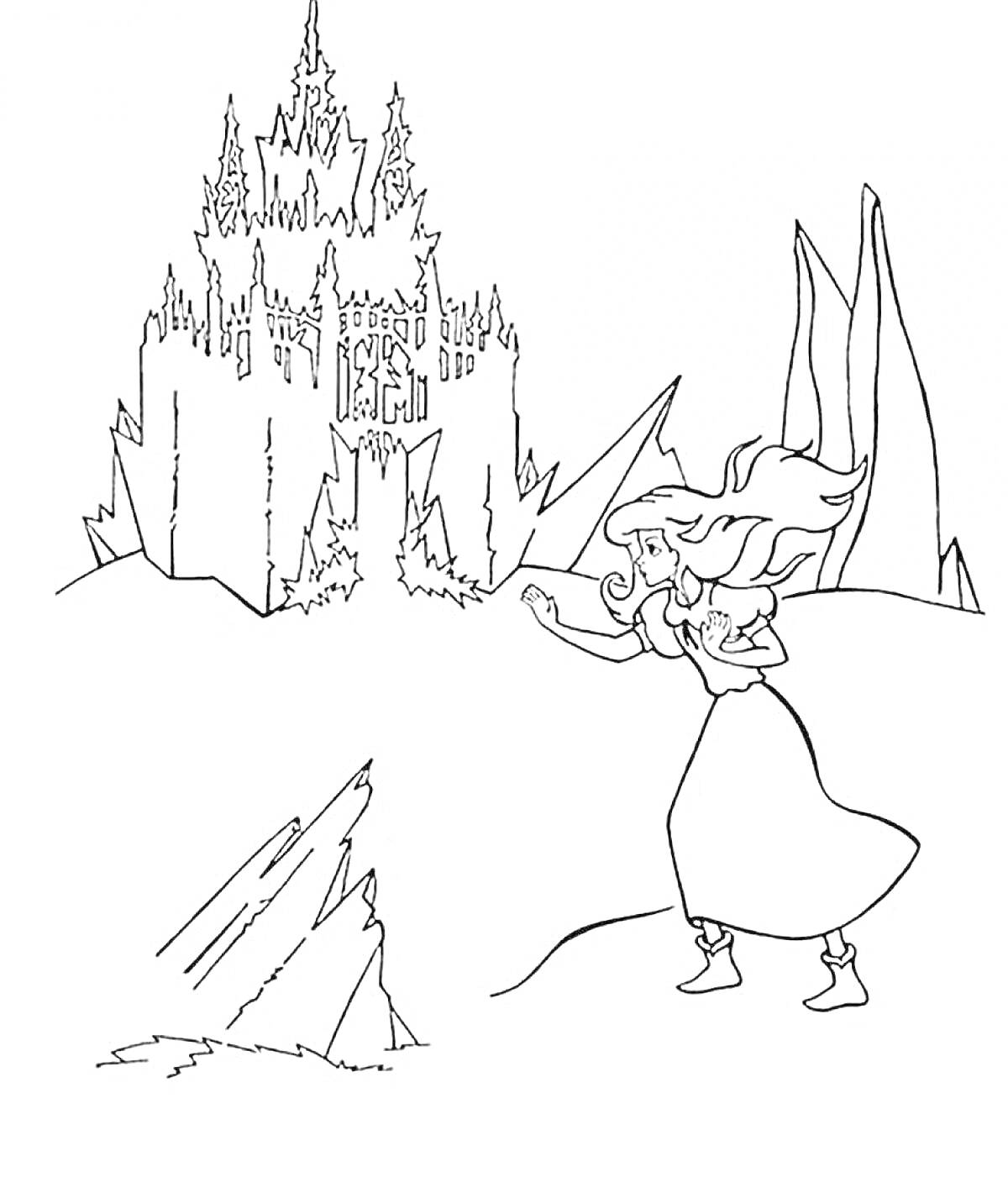 На раскраске изображено: Замок, Снежная королева, Лед, Зима, Холод