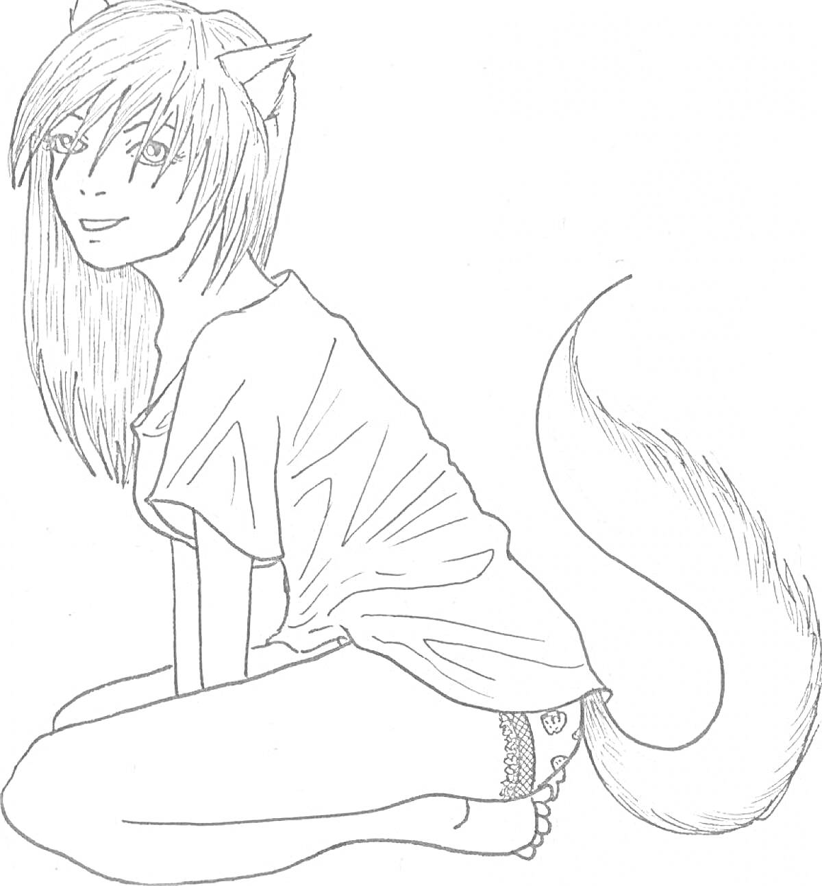 Раскраска Девушка с кошачьими ушами и хвостом в футболке и трусах, сидящая на земле