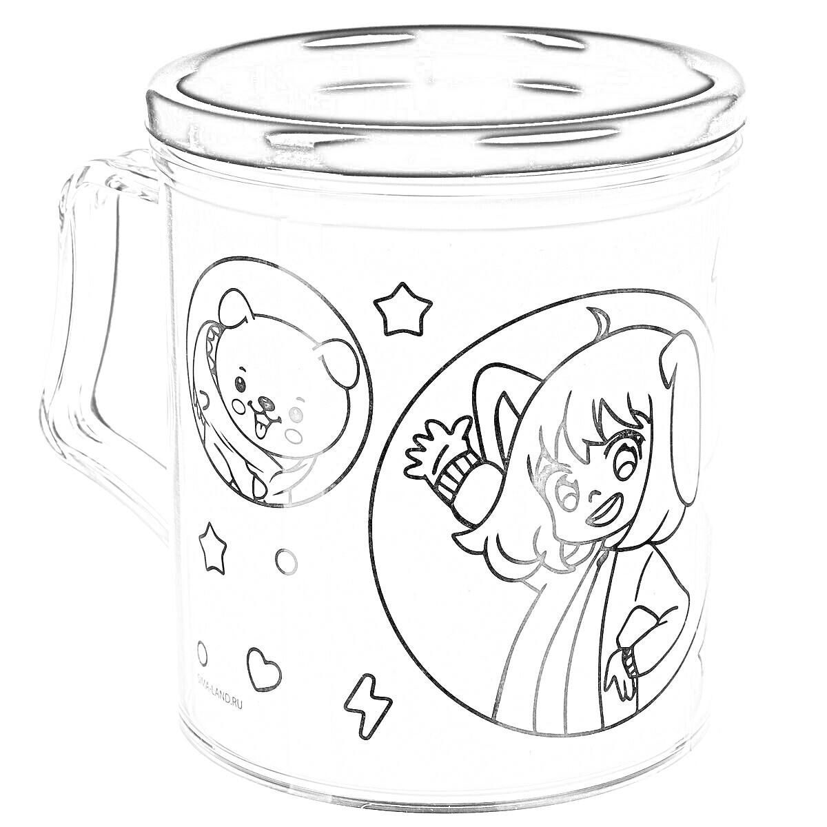 Раскраска Кружка с героем мультфильма и плюшевым медведем, звездами и молниями