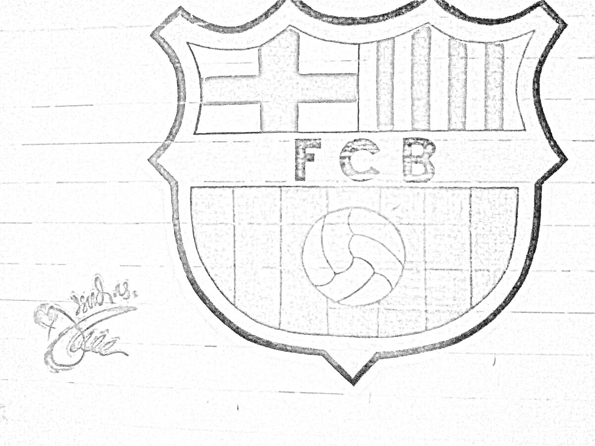 Раскраска Эмблема ФК Барселона с крестом Святого Георгия, полосами, буквами FCB и футбольным мячом, изображенная на фоне.