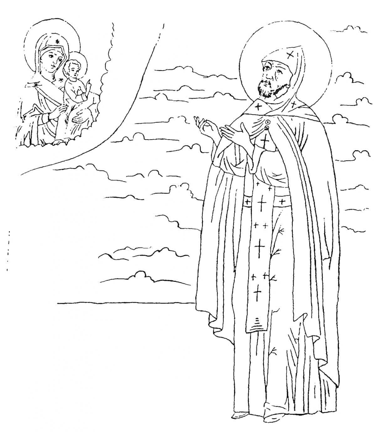 Раскраска Святой Александр Невский с поднятыми руками и Богоматерь с младенцем на облаках