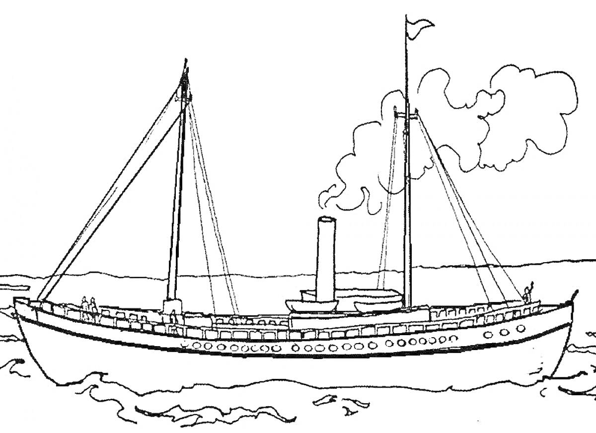 На раскраске изображено: Пароход, Корабль, Море, Дым, Флаг, Транспорт