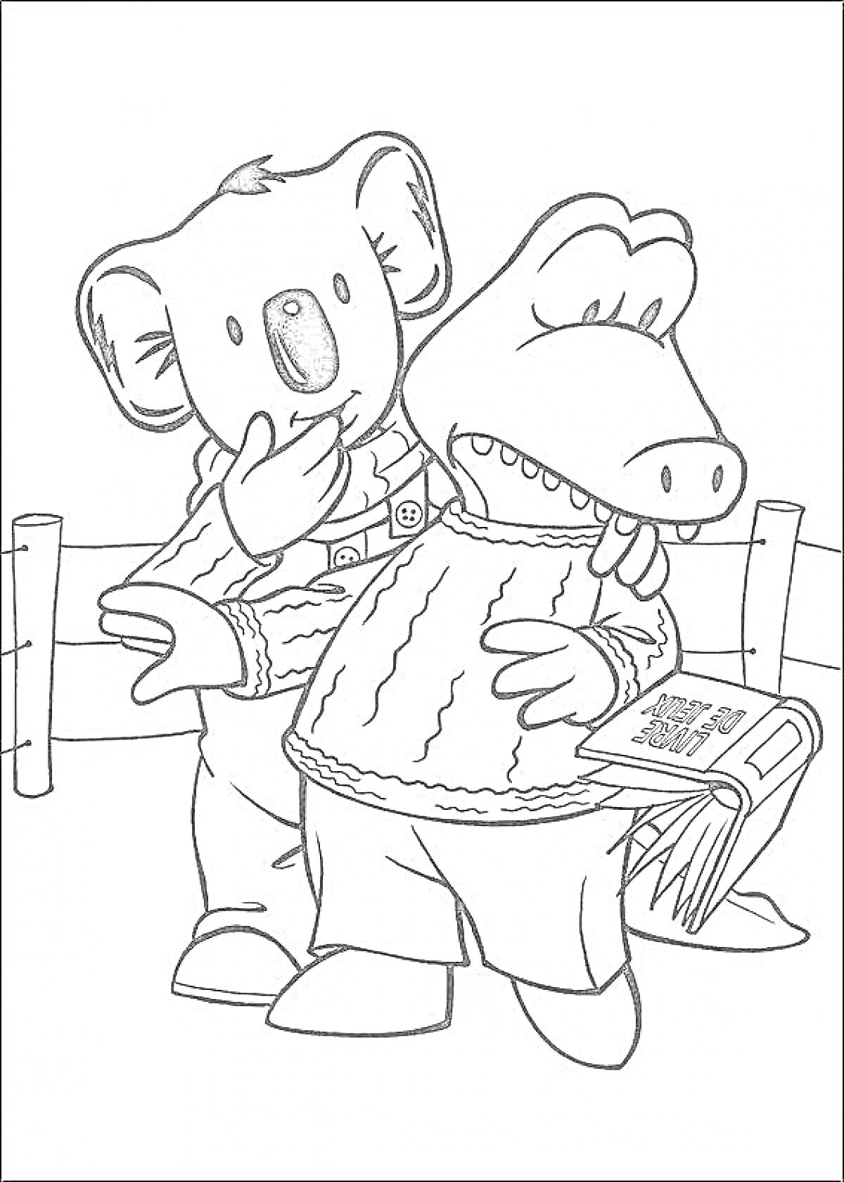 Раскраска Коала и крокодил в свитерах с книгой