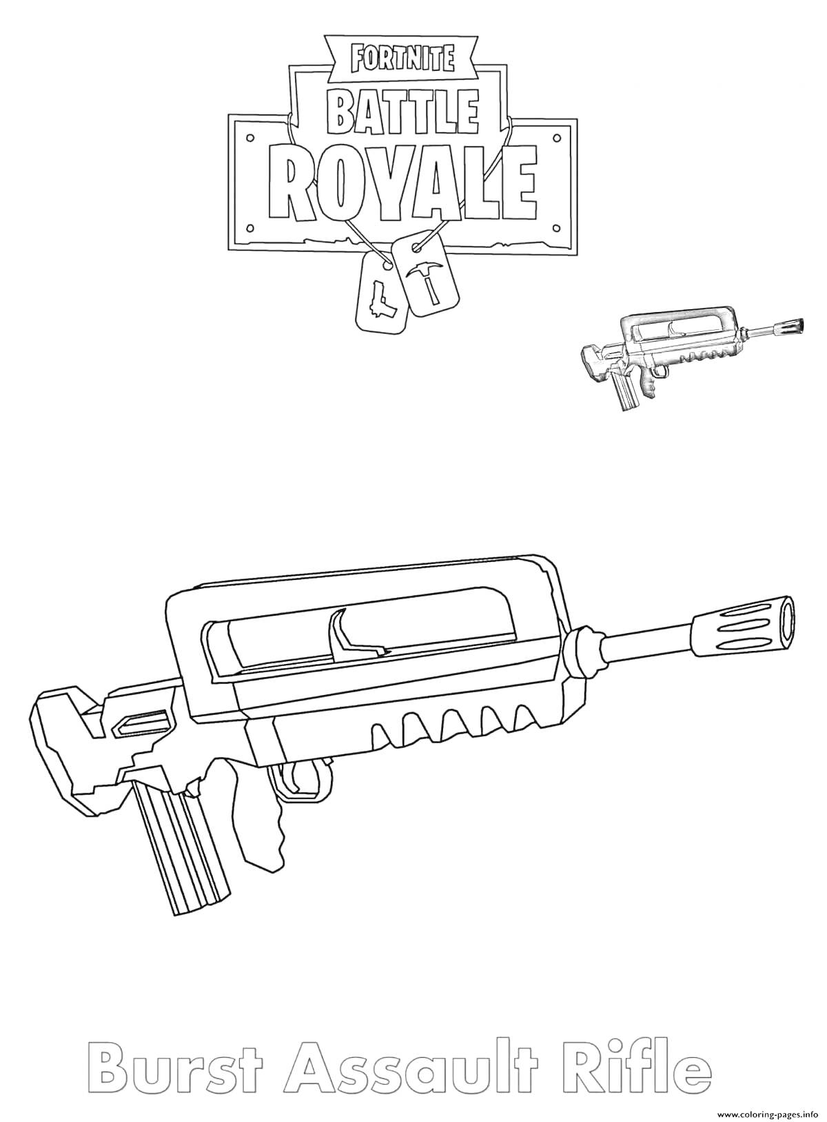 Раскраска Burst Assault Rifle. На изображении представлен штурмовой карабин с магазином, прикладом и прицелом, логотип Fortnite Battle Royale и миниатюрное изображение оружия для ориентира.