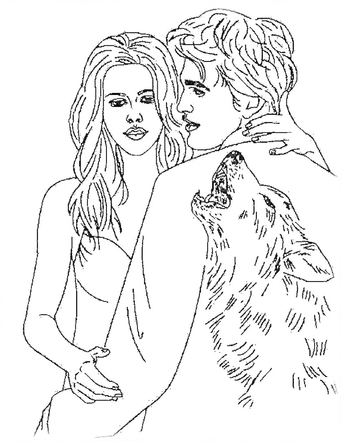 Раскраска Двое людей обнимаются, мужчина с рисунком волка на спине