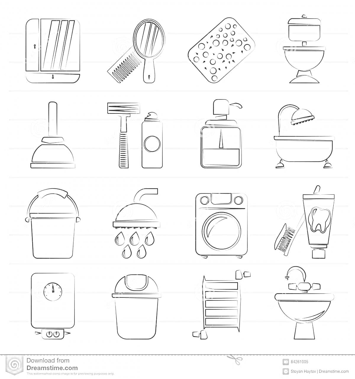 На раскраске изображено: Зеркало, Расческа, Губка, Унитаз, Бритва, Ванна, Душ, Стиральная машина, Зубная щетка, Зубная паста, Водонагреватель, Мусорное ведро, Полотенцесушитель, Раковина, Кран