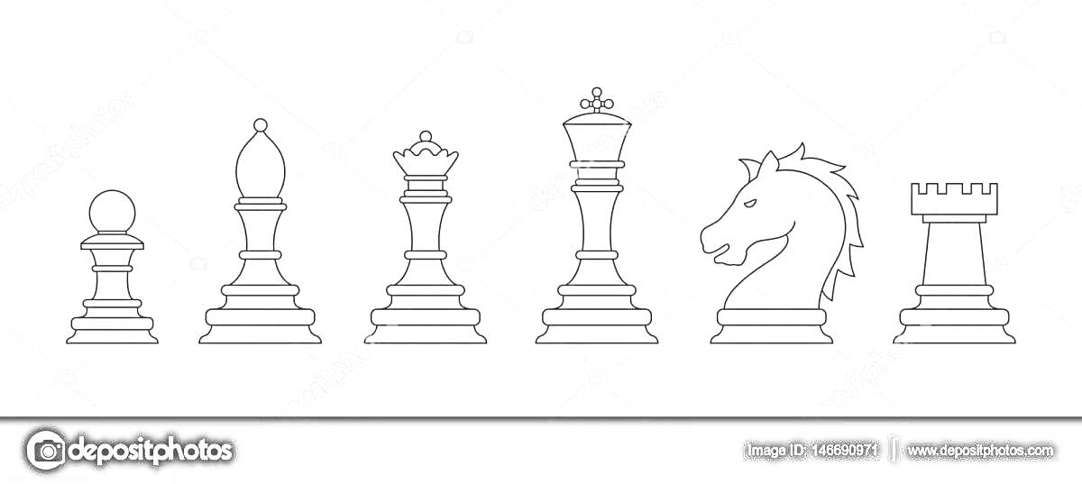 На раскраске изображено: Шахматы, Фигуры, Пешка, Слон, Ферзь, Король, Конь, Ладья