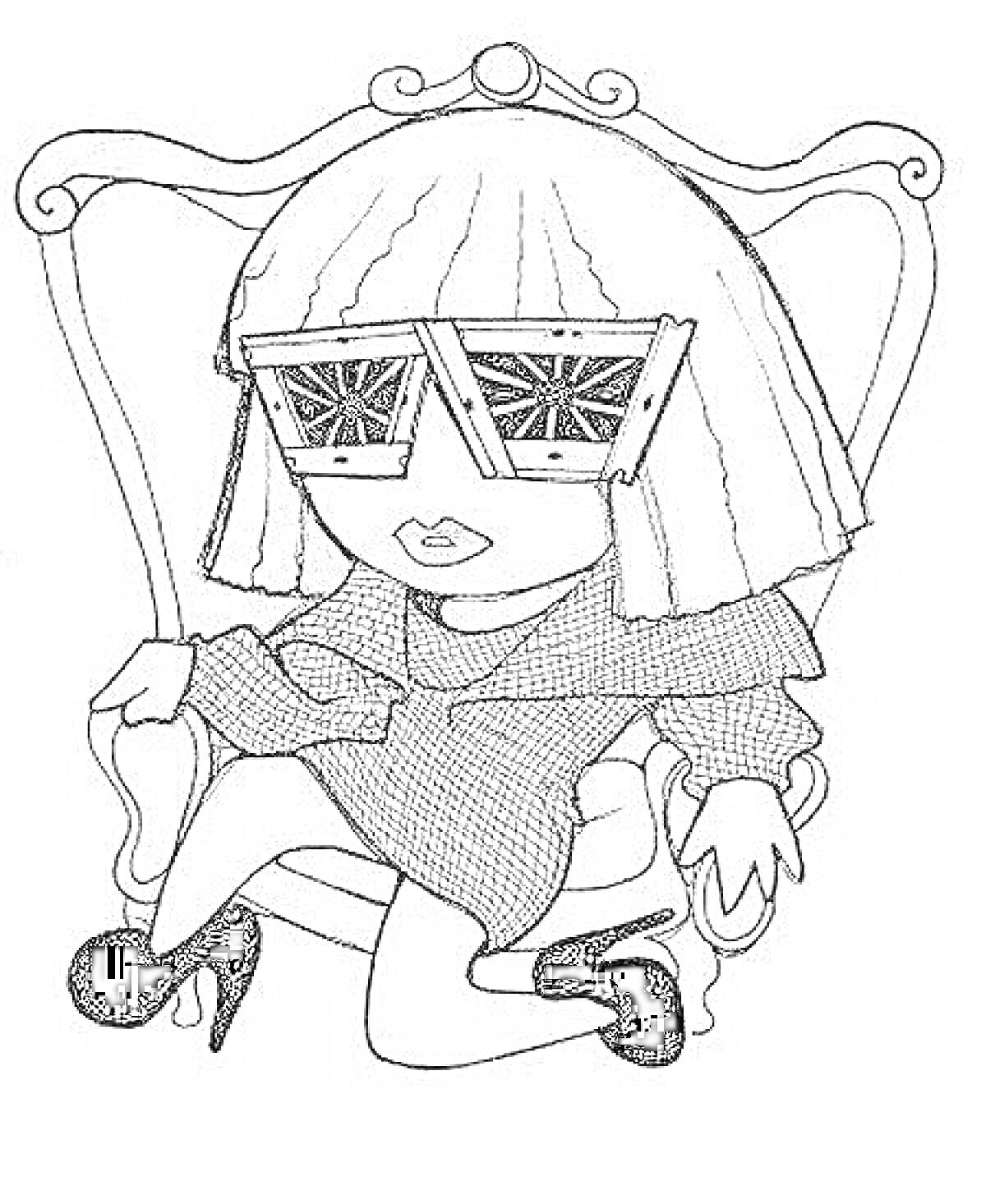 Раскраска Леди с короткими волосами и большими очками в форме звезд, сидящая на стуле в высоких каблуках