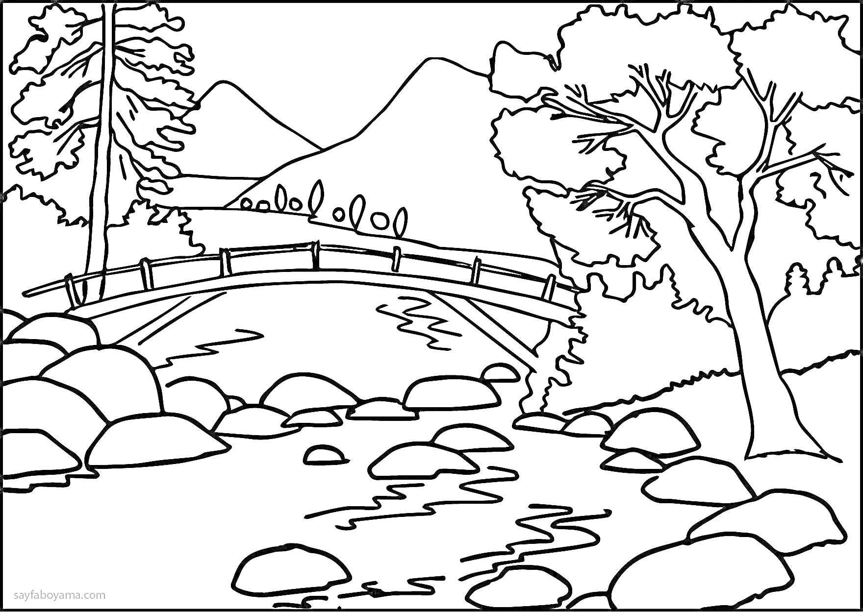 На раскраске изображено: Мост, Речка, Камни, Деревья, Лес, Горы, Природа, Пейзаж