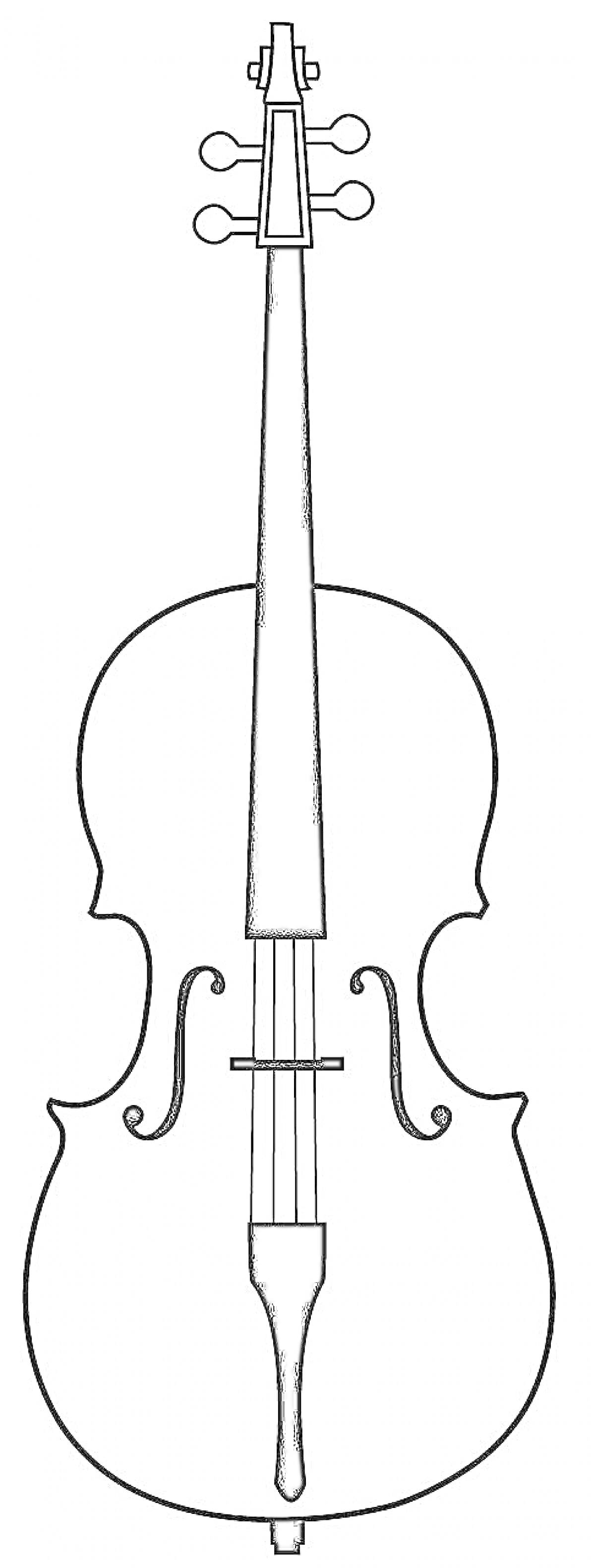 На раскраске изображено: Контрабас, Струнный инструмент, Гриф, Колки, Струны, Музыка, Музыкальные инструменты