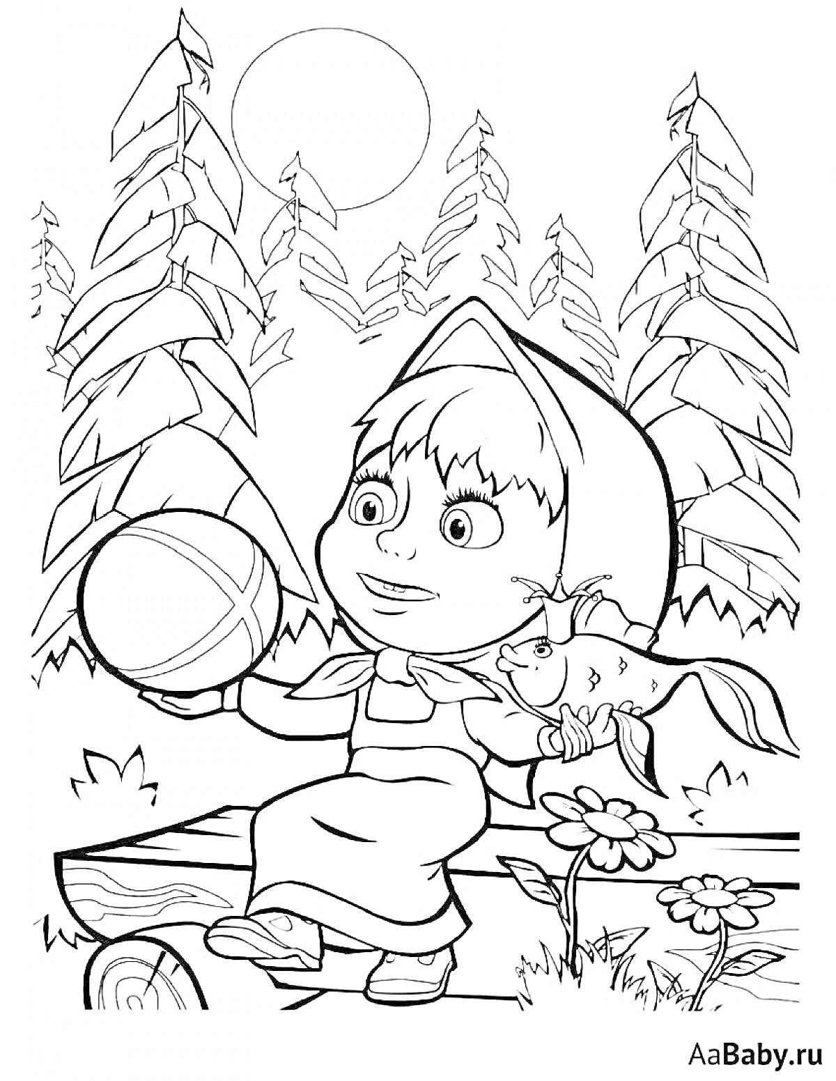 Раскраска Девочка с рыбкой и мячом в лесу на скамейке