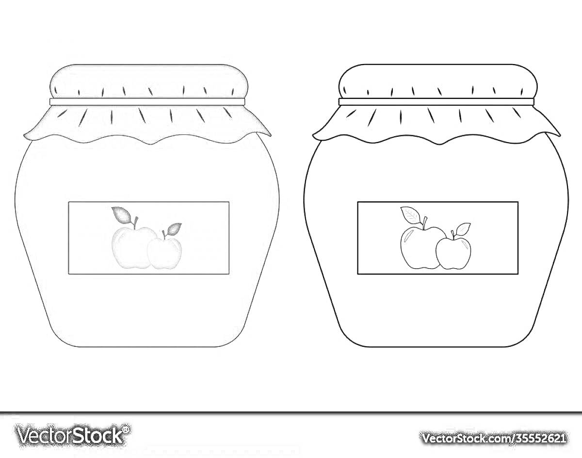 Раскраска Банки с вареньем, одна закрашенная, другая для раскрашивания, с изображением двух яблок на этикетках