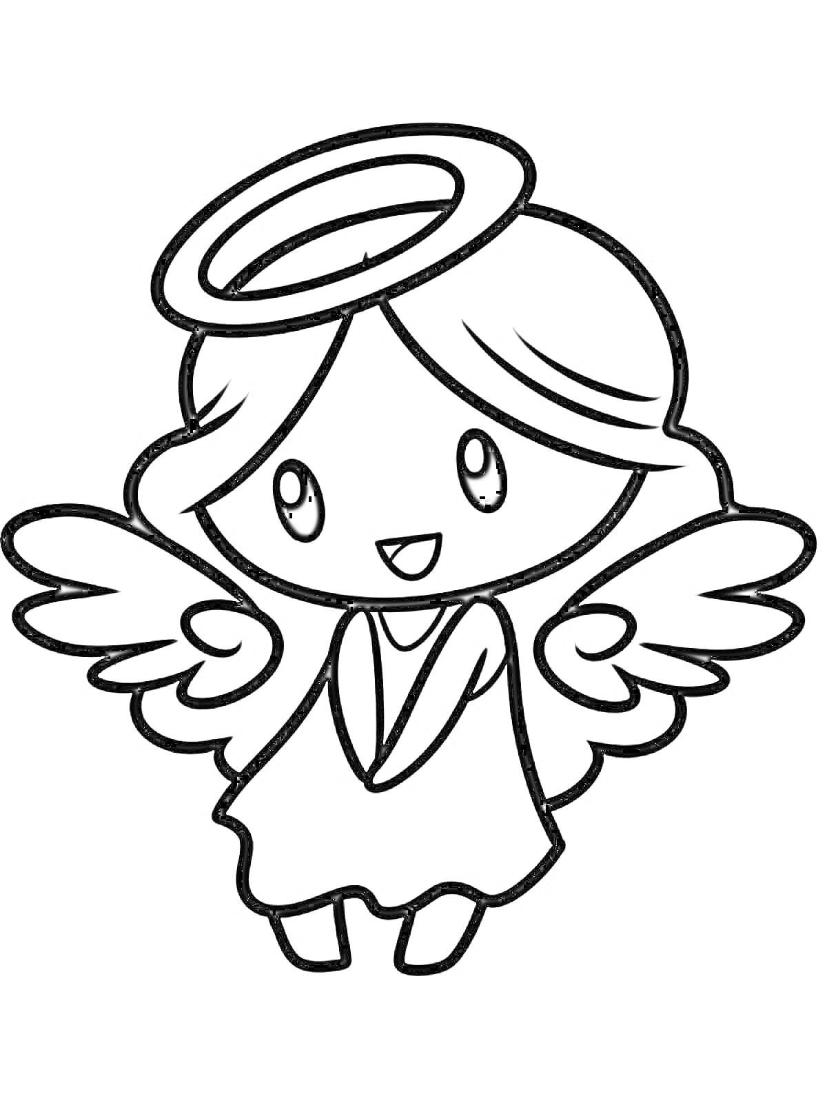 Раскраска Маленький ангел в платье с крыльями и нимбом