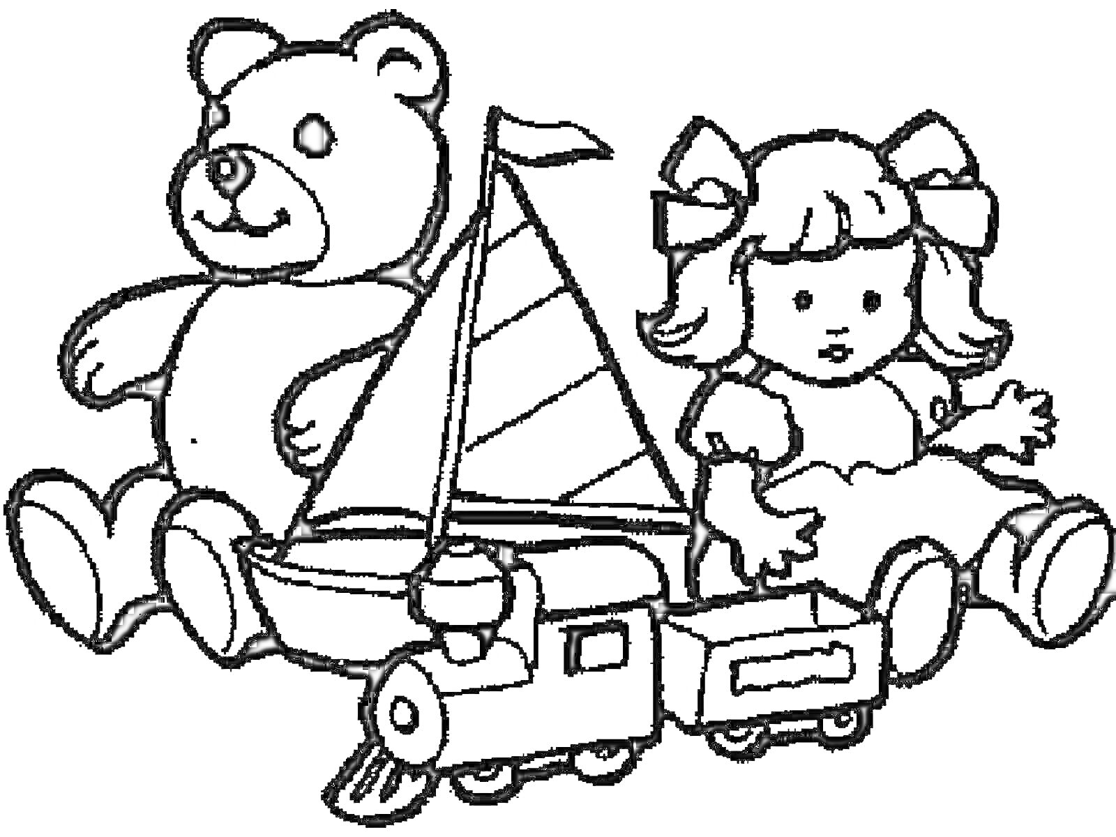 На раскраске изображено: Игрушки, Медведь, Кукла, Паровоз, Детские игрушки