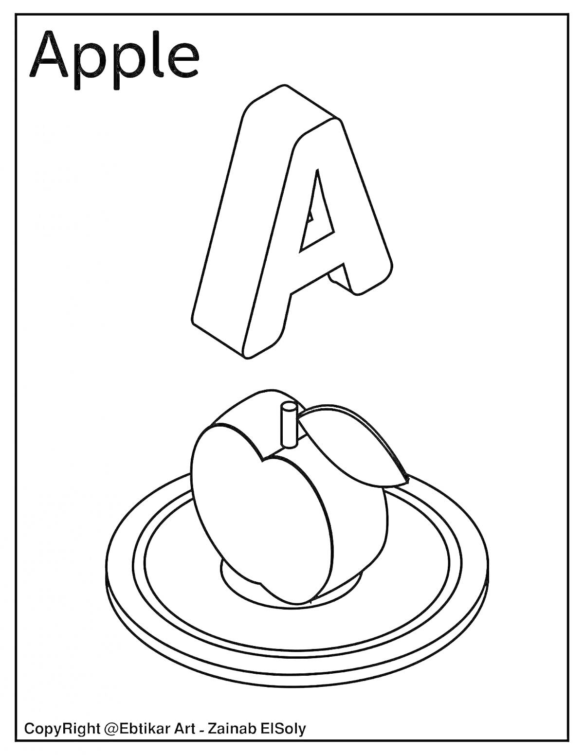 На раскраске изображено: Яблоко, Тарелка, Английский алфавит, Фрукты