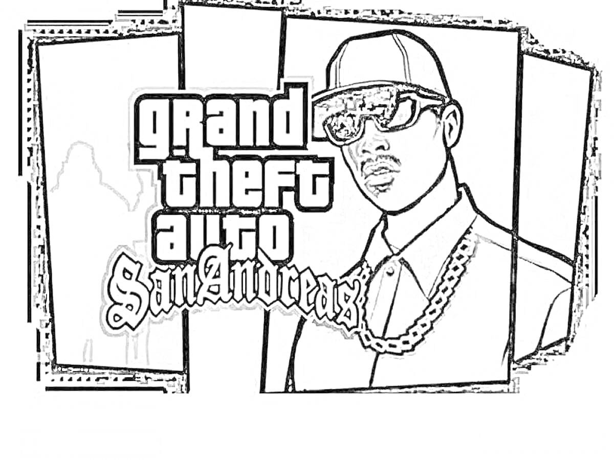 Раскраска Обложка Grand Theft Auto: San Andreas с изображением мужчины в кепке и солнцезащитных очках, в цепочке с медальоном