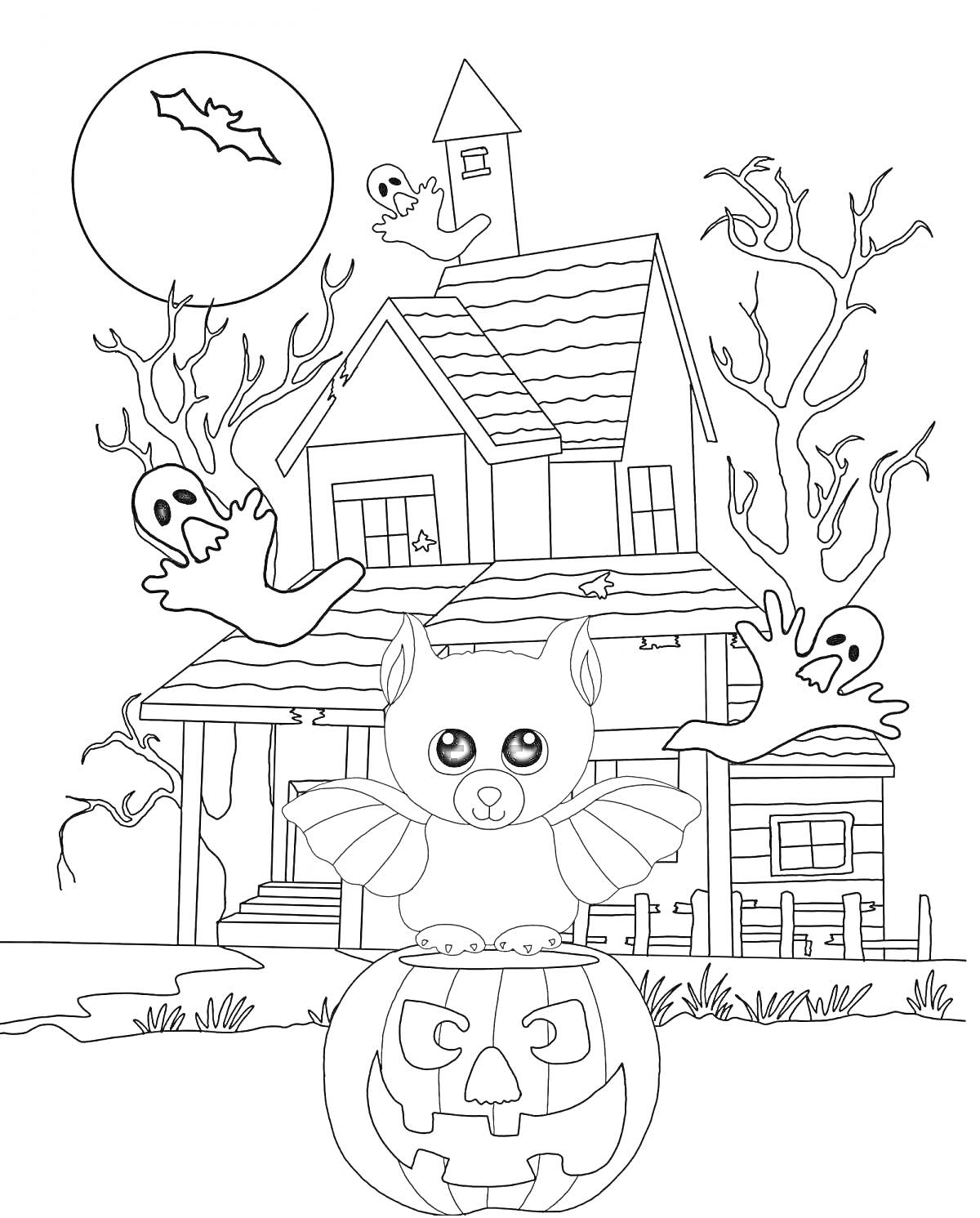 На раскраске изображено: Дом, Хэллоуин, Привидения, Летучая мышь, Тыква-фонарь, Луна