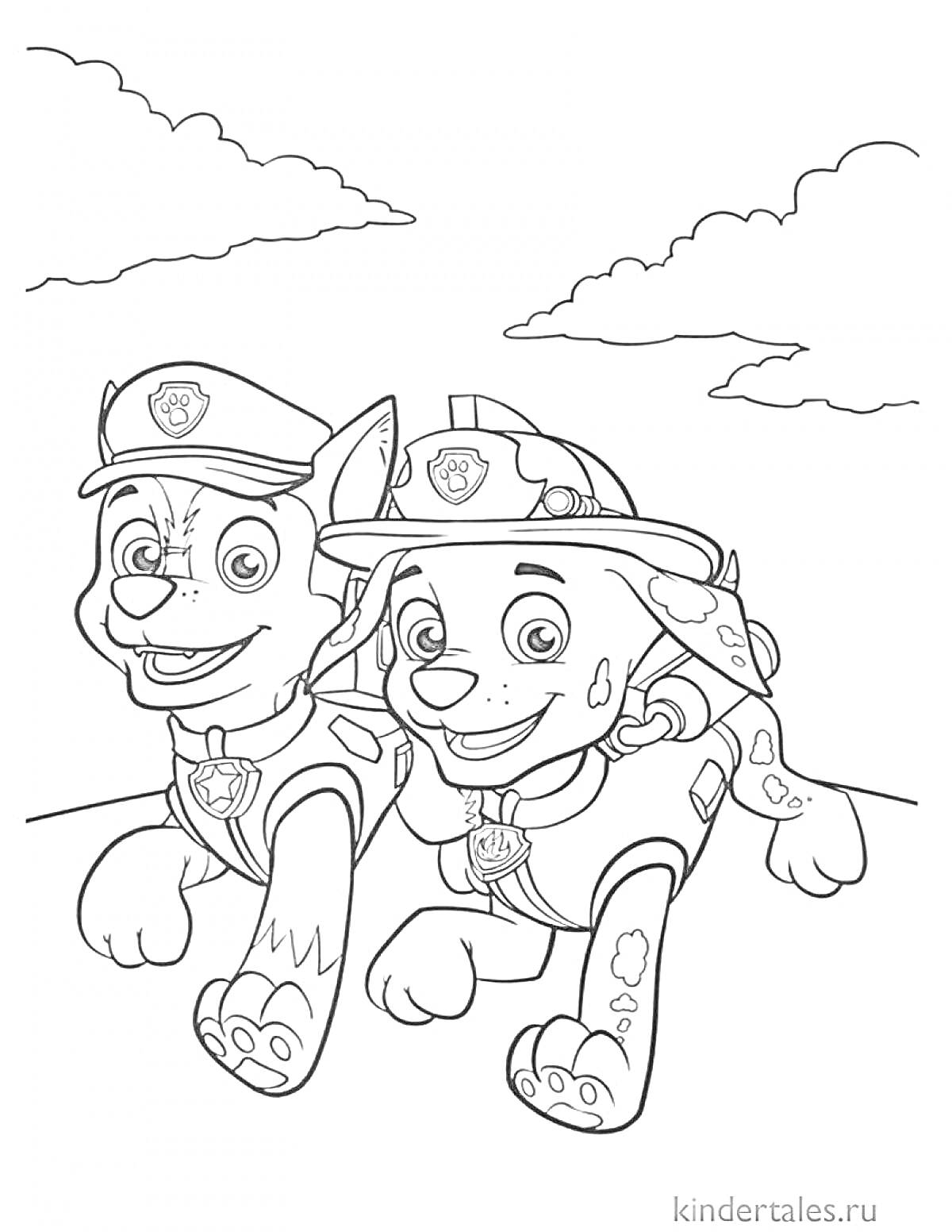 Раскраска Две собаки-спасатели в форме на фоне облаков
