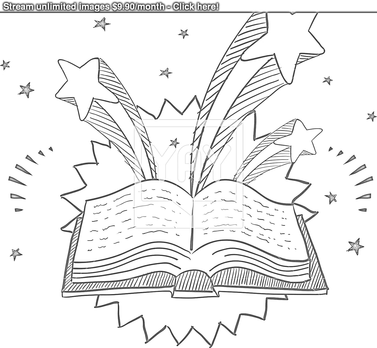 На раскраске изображено: Волшебство, Звезды, Лучи, Книга, Магия, Открытка