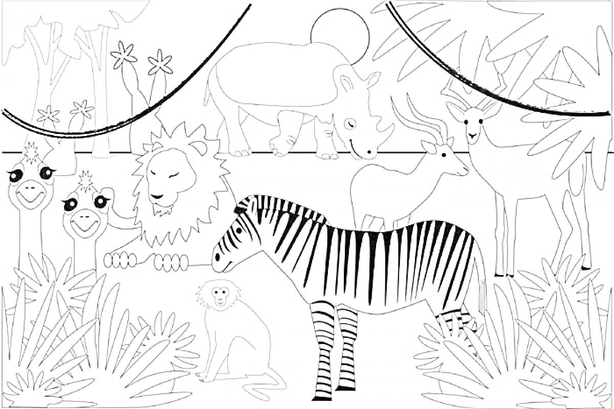 На раскраске изображено: Джунгли, Лев, Носорог, Антилопа, Жирафы, Природа, Растения, Животные, Зебры, Обезьяны