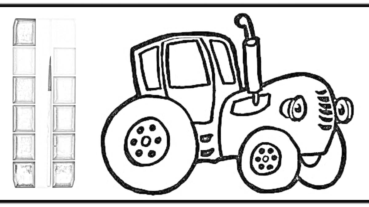 На раскраске изображено: Трактор, Синий трактор, Палитра красок, Раскрашивание, Сельскохозяйственная техника, Для детей