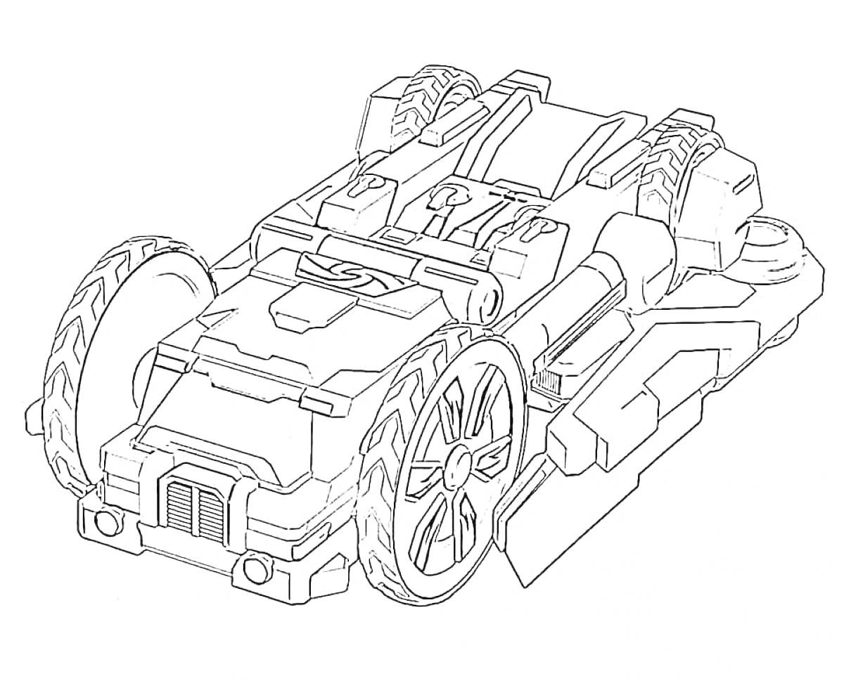 Раскраска Машина-скритчер с большими колесами и деталями трансформации