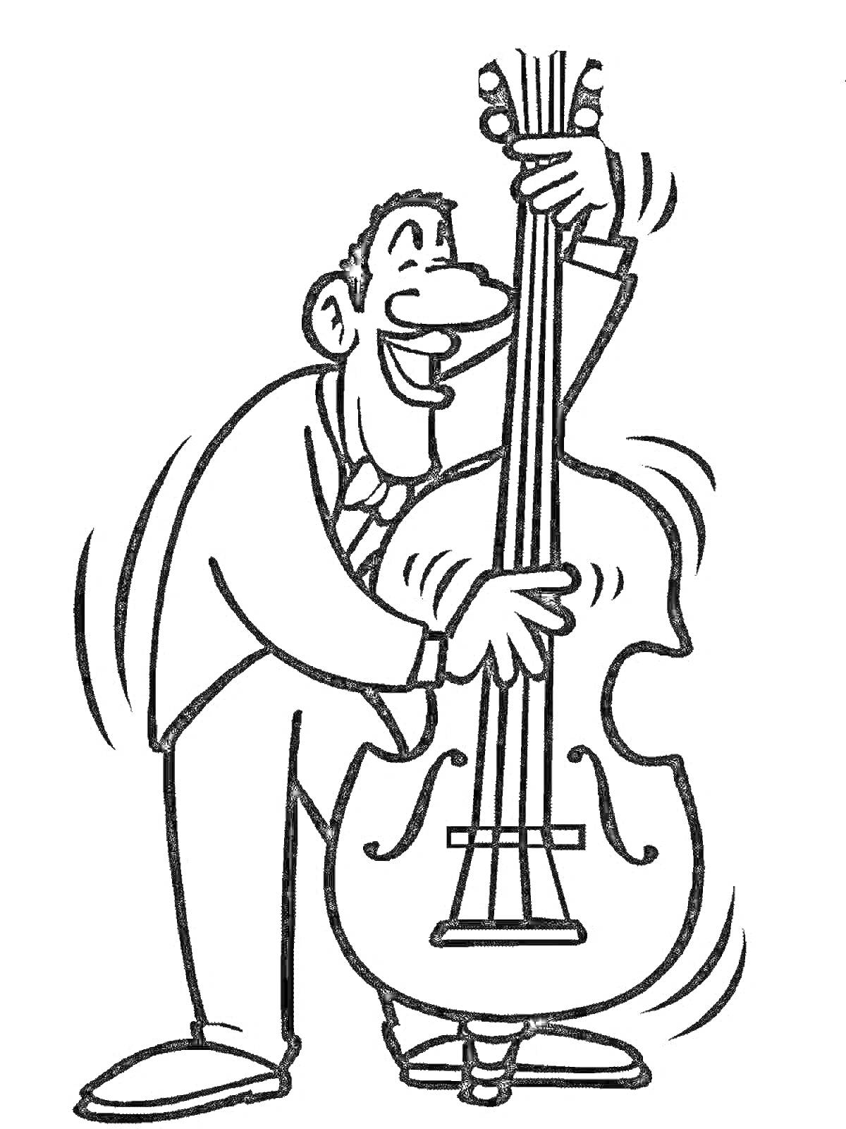 На раскраске изображено: Контрабас, Музыка, Человек, Игра на инструменте, Музыкальные инструменты