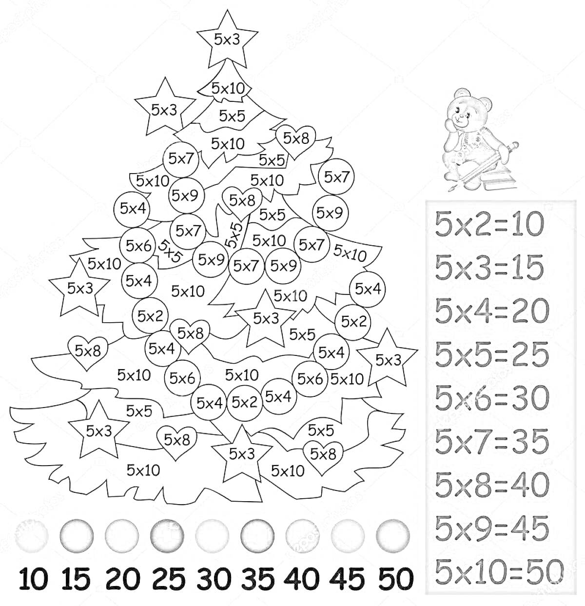 Раскраска новогодняя елка с заданиями на умножение (таблица умножения на 5), рядом мишка, ответ с кодами цветов