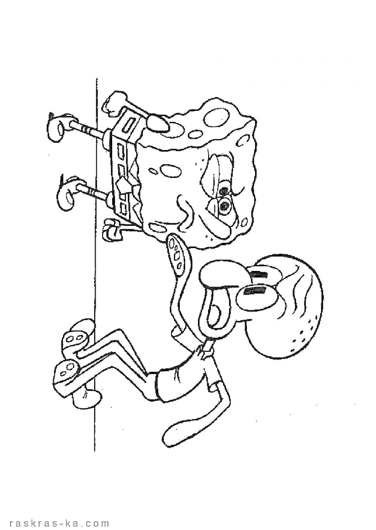 На раскраске изображено: Губка Боб, Сквидвард, Радость, Дружба