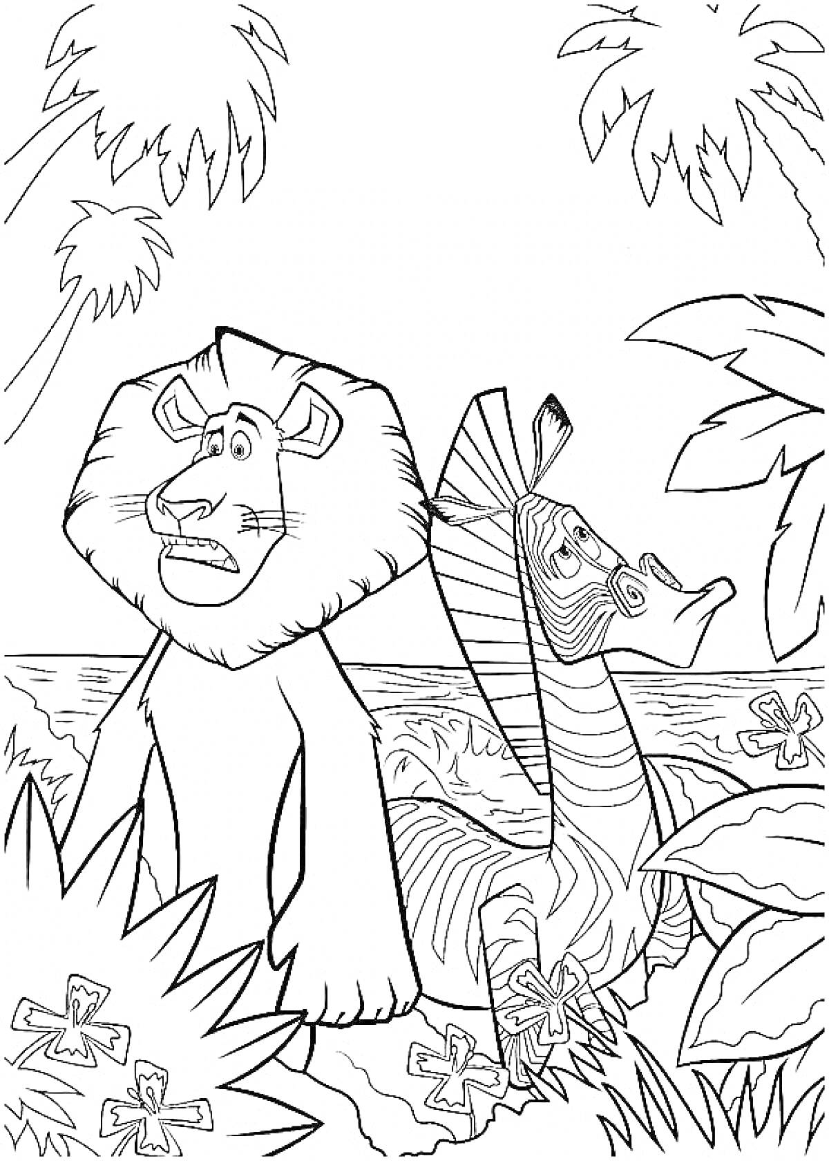 Раскраска Лев и зебра среди пальм на берегу океана