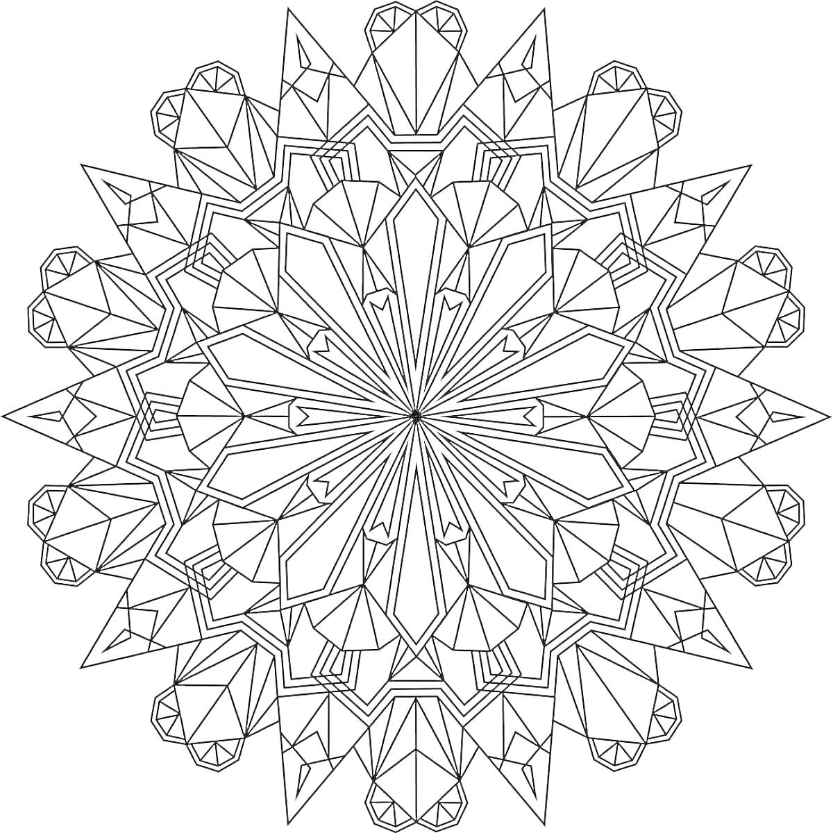 Раскраска Мандала с кристаллами - симметричный узор с повторяющимися кристаллами