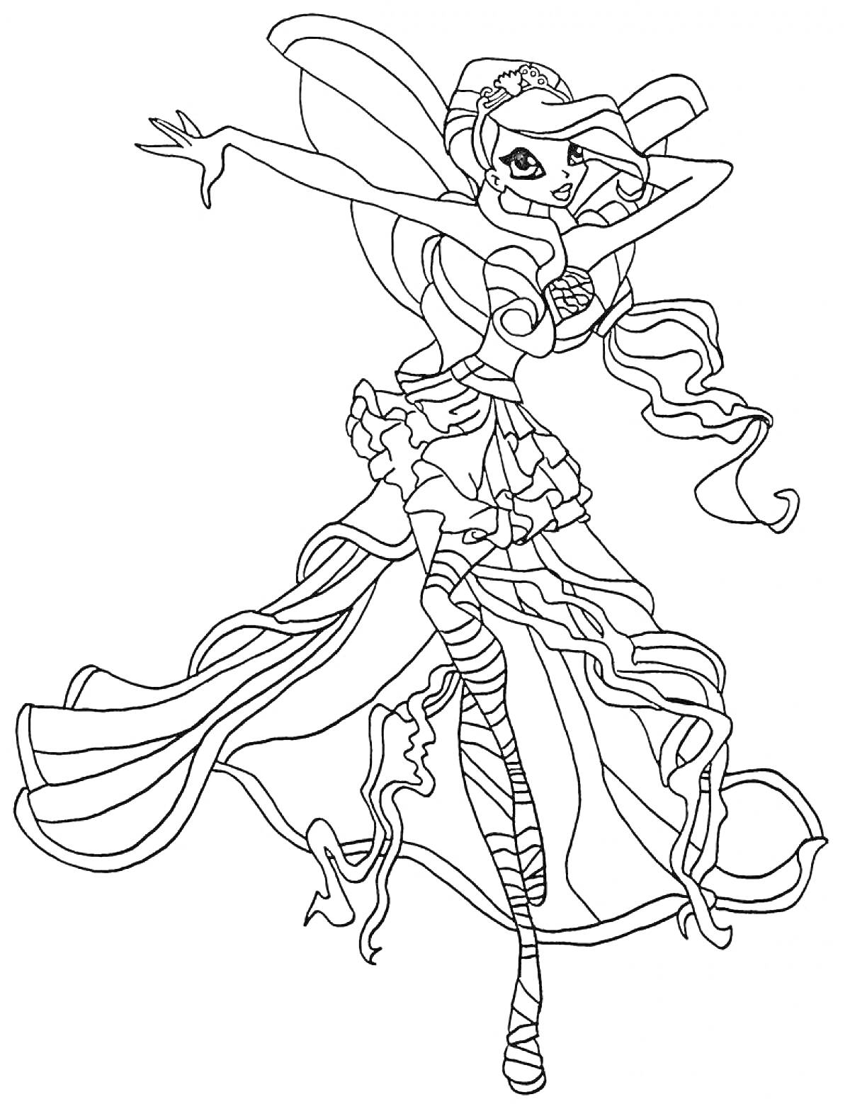 Раскраска Принцесса Винкс в платье с лентами и крыльями