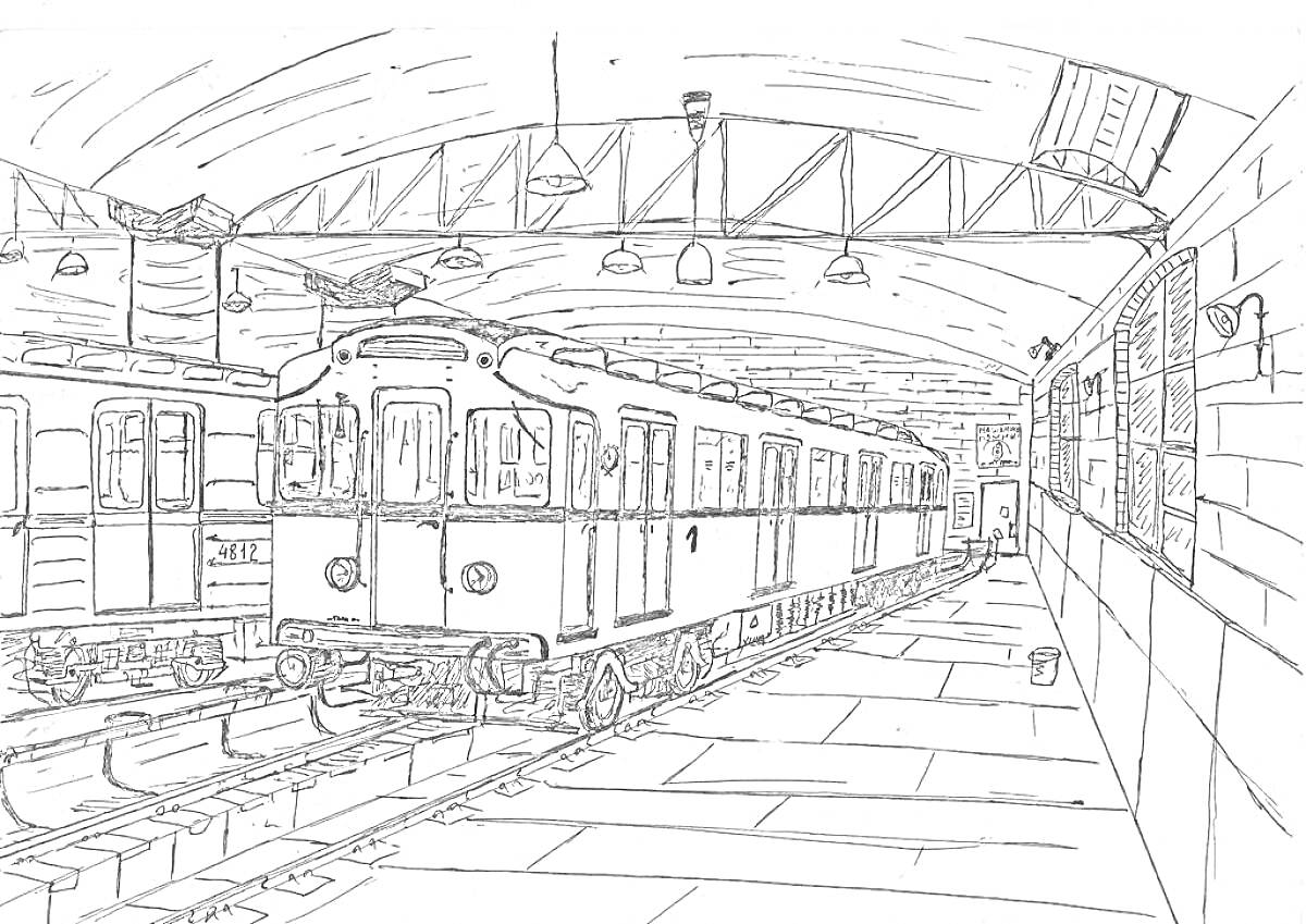 На раскраске изображено: Метро, Поезд, Станция, Рельсы, Арка, Крыша, Городской транспорт, Лампа, Платформы