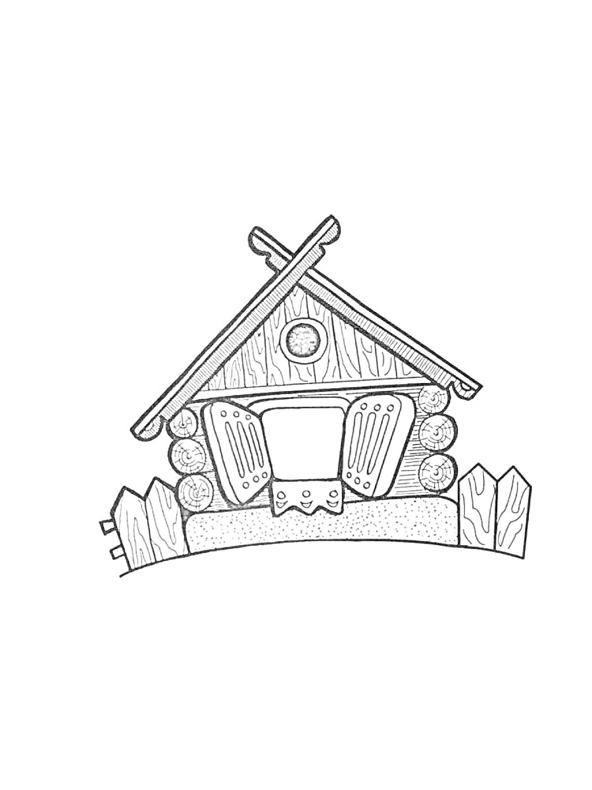 Изба с деревянными бревнами, двускатной крышей, открытыми ставнями на окне и забором