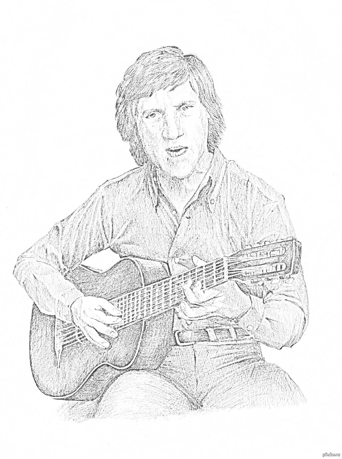 На раскраске изображено: Человек, Гитара, Джинсы, Инструмент, Музыка