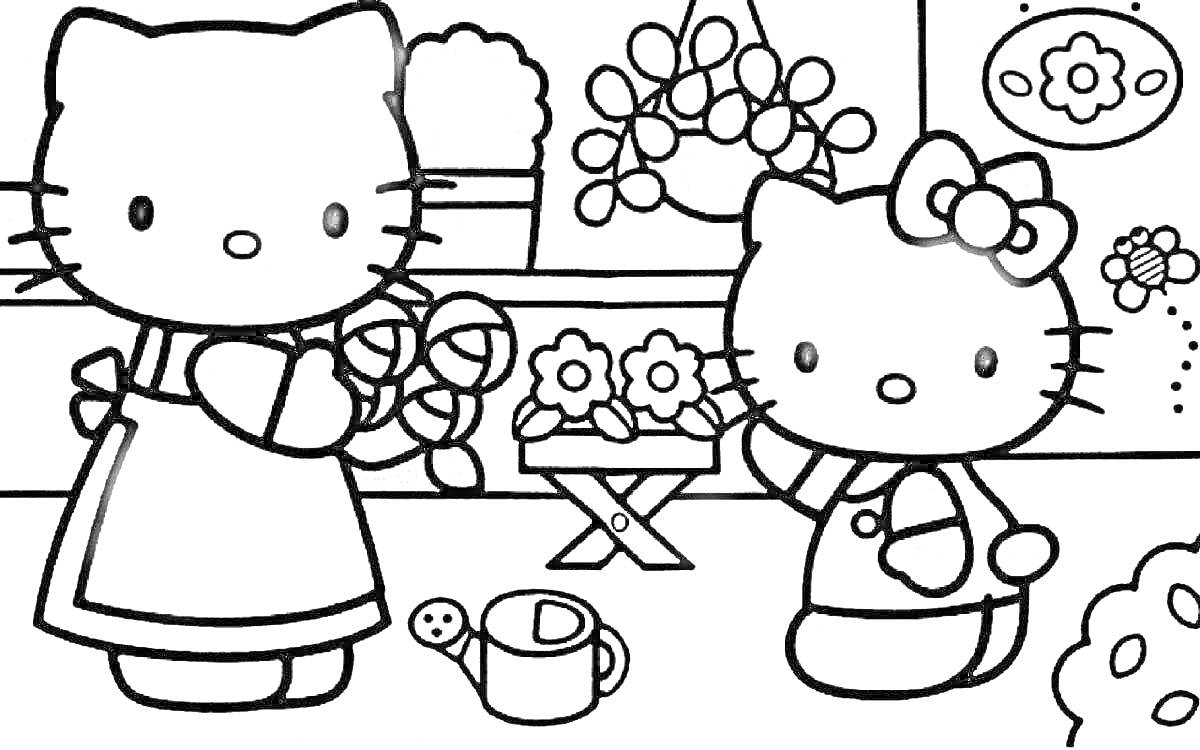 две кошечки с цветами дома, левая с фартуком, столик с цветами посередине, левая сторона с лейкой, правый верхний угол с картиной цветка