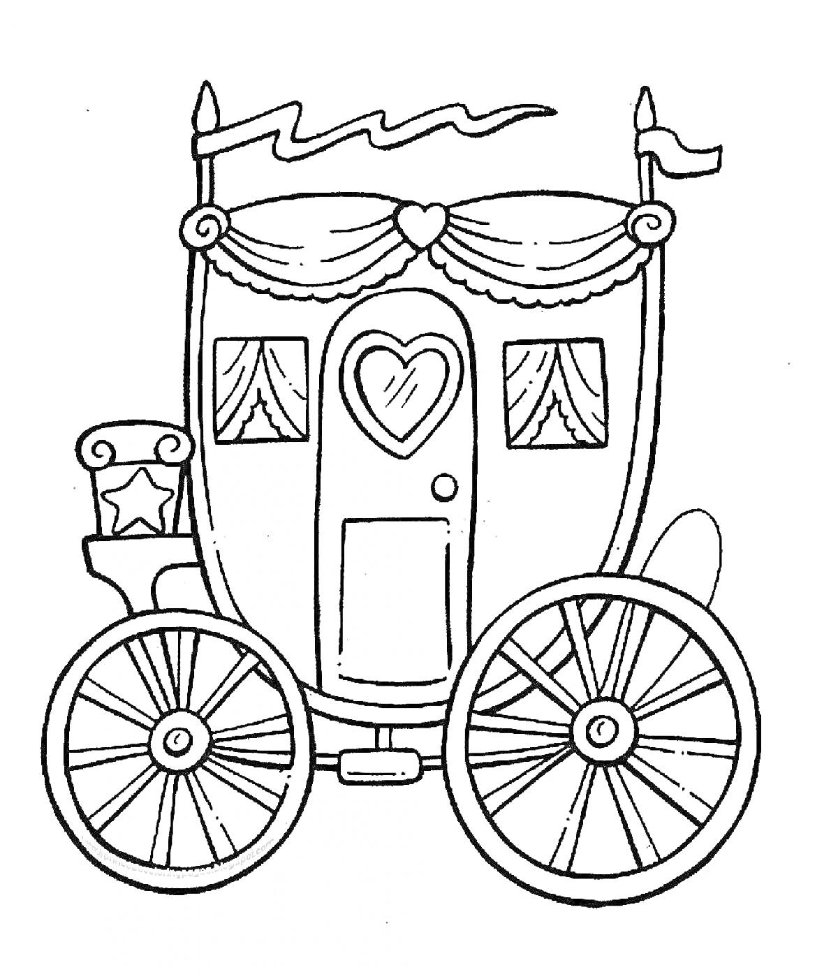 Раскраска Карета с сердцем, колесами и флагами