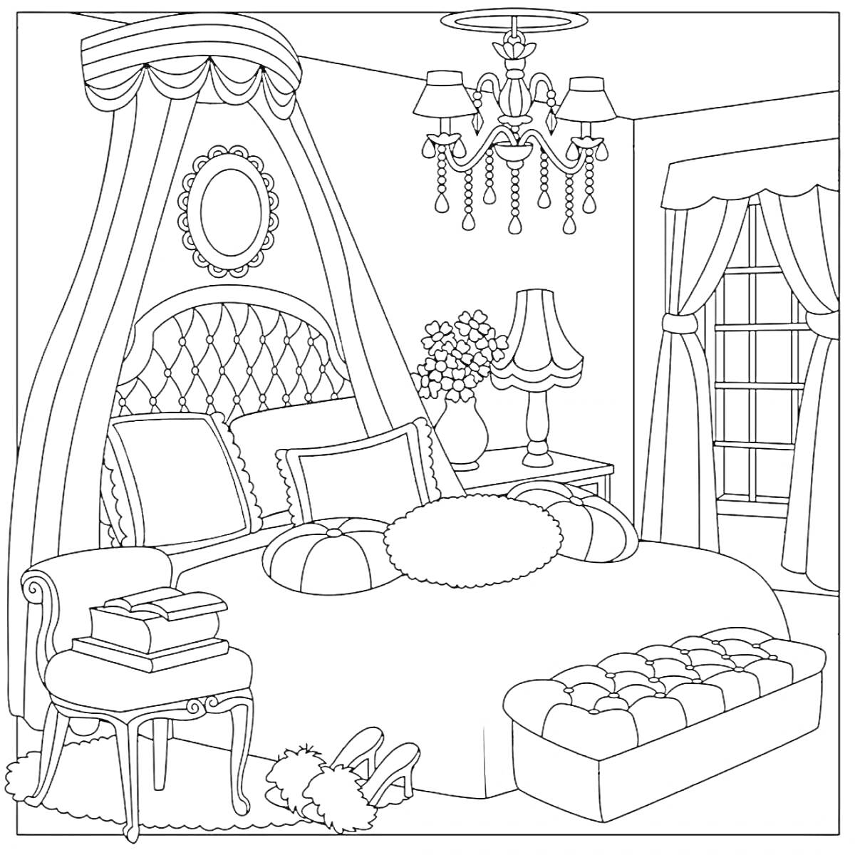 Раскраска Спальня кукол ЛОЛ с кроватью, балдахином, подушками, торшером, пуфиком, занавесками и обраткой