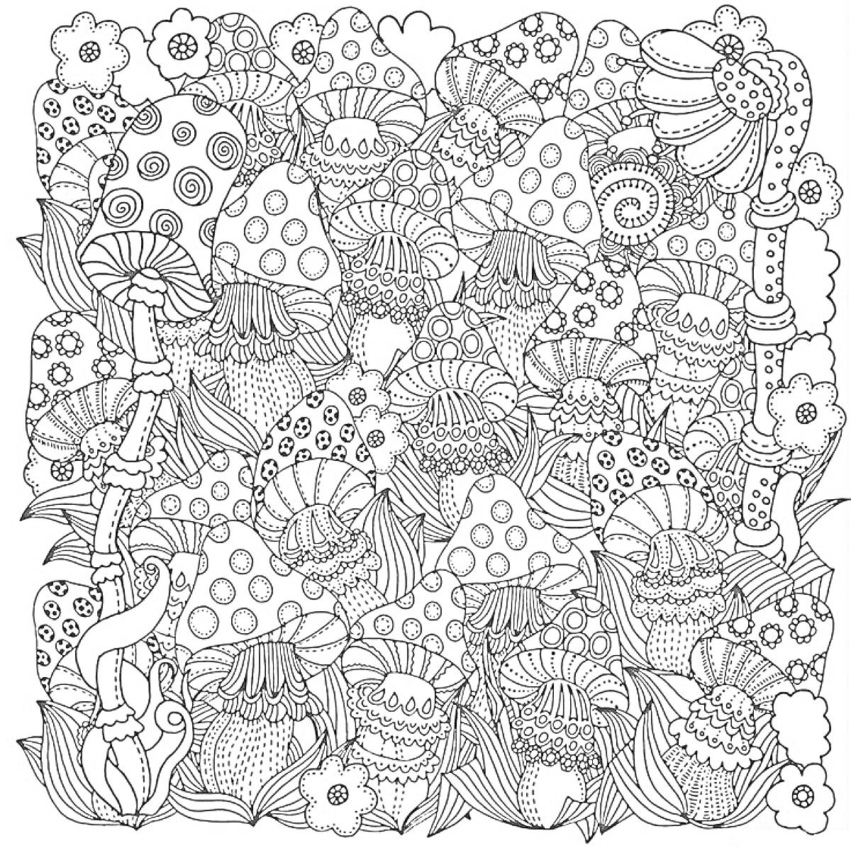 Раскраска Густой лес из крупных грибов и цветов с множеством мелких деталей