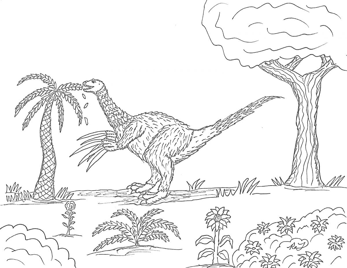 Раскраска Теризинозавр в лесу с пальмой и деревьями