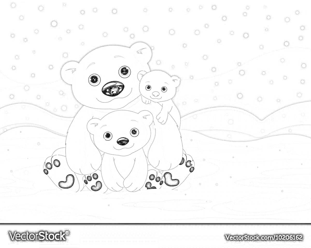 На раскраске изображено: Снег, Ночь, Семья, Зима, Детеныши, Мультяшные животные