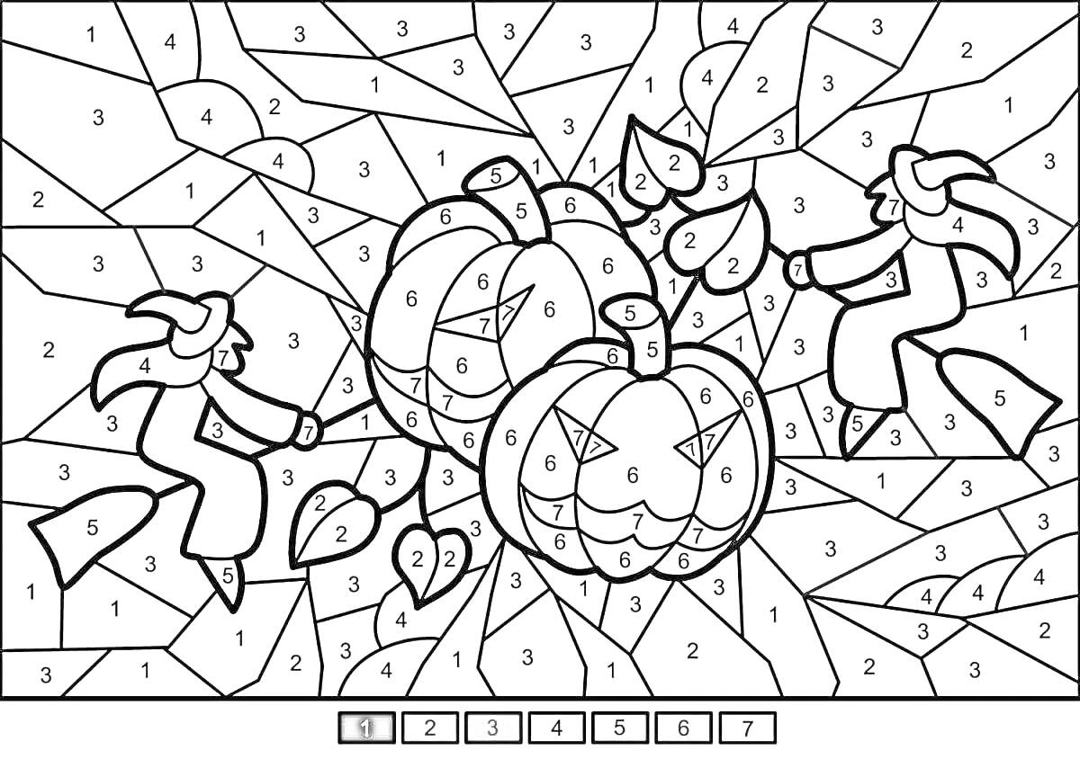 На раскраске изображено: Тыква, По номерам, Осень, Хэллоуин, Листья, Цифры, Разукрашка, Ведьма