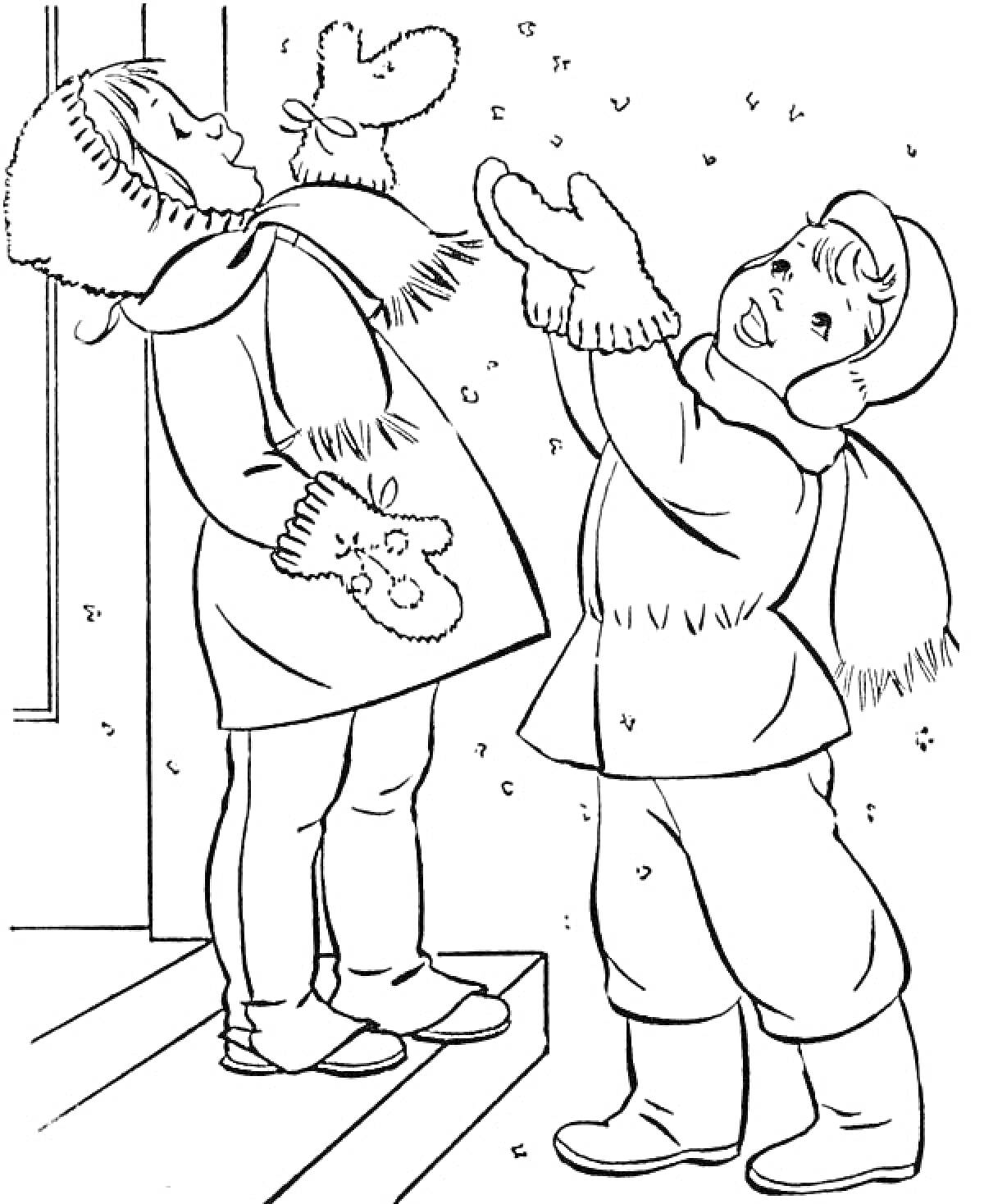 Раскраска Дети в зимней одежде ловят снежинки на улице