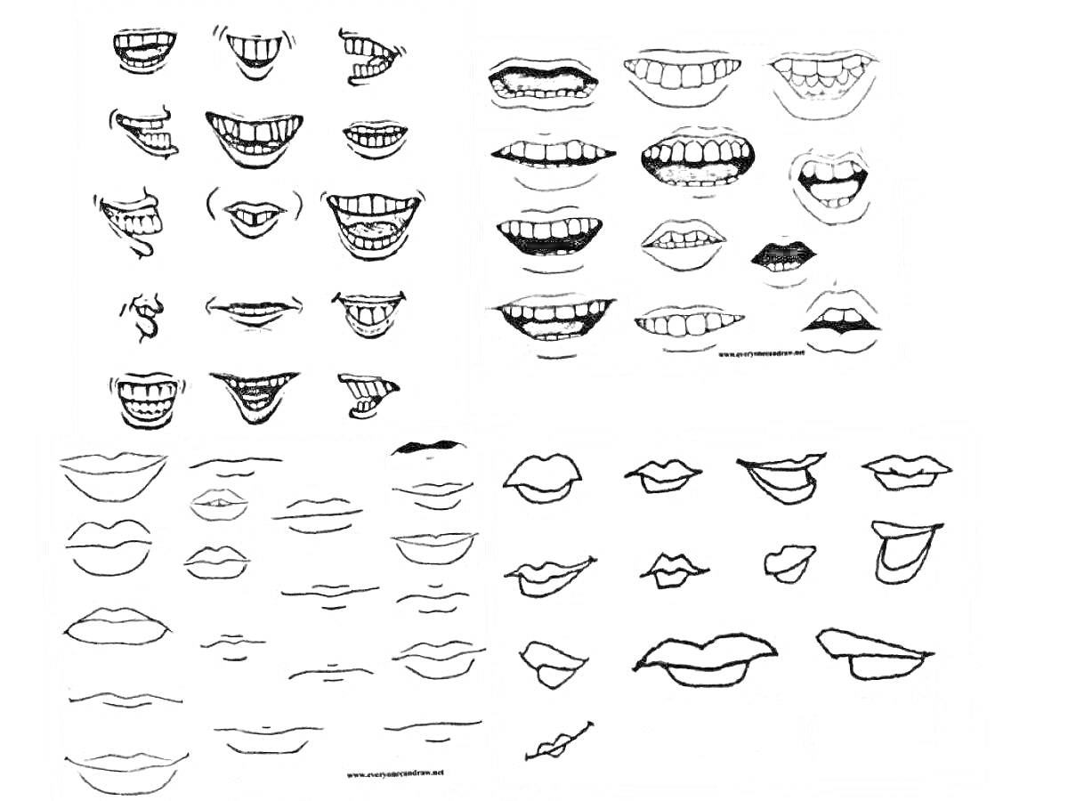 Раскраска Разнообразные изображения ртов, включающие улыбки, открытые рты, зубы в различных формах и вариантах