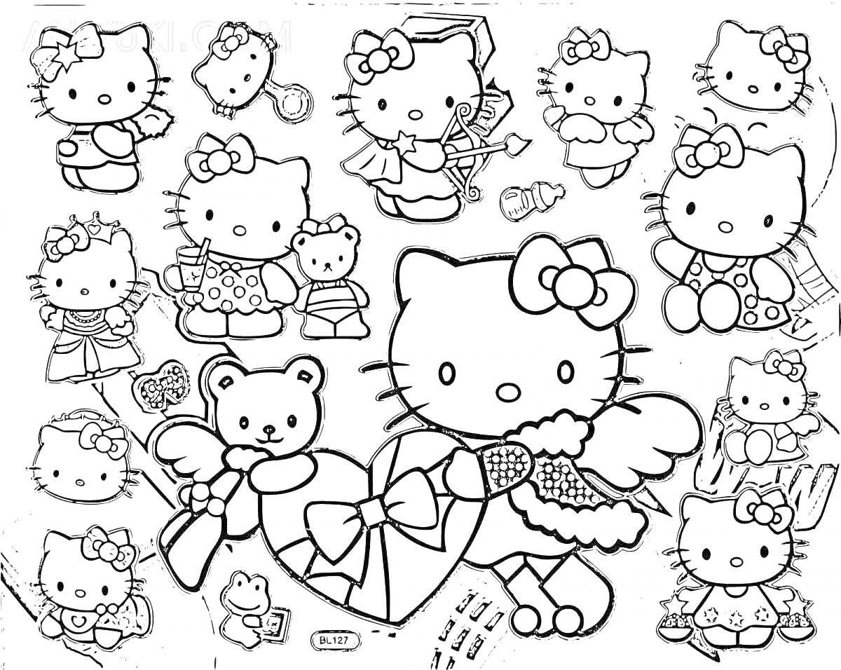На раскраске изображено: Hello Kitty, Платье, Сумка, Ангел, Цветочный венок, Карандаши, Подарки, Бант, Медведь, Туфли